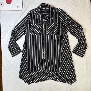 Mishca‎ Black White Striped Asymmetrical Hem Button Up Shirt Women Size S